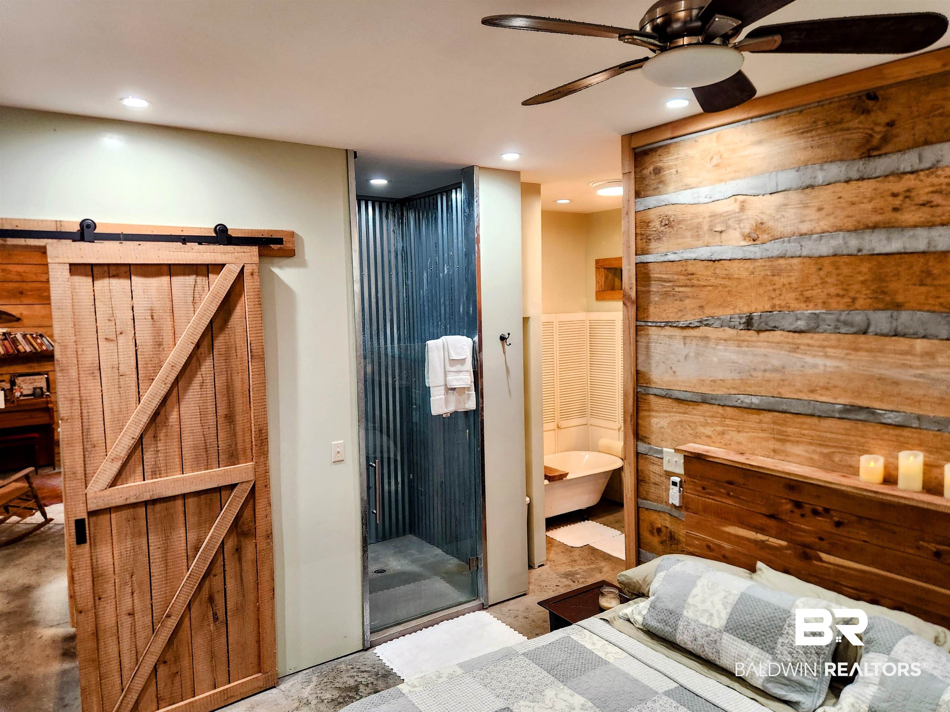 15461 Highway 98 Foley, AL 36535 - Photo 9 of 28 Full bath with a ceiling fan, a freestanding tub, a stall shower, and recessed lighting