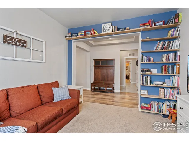 a living room with furniture and a book shelf