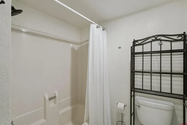 a bathroom with a shower toilet and window