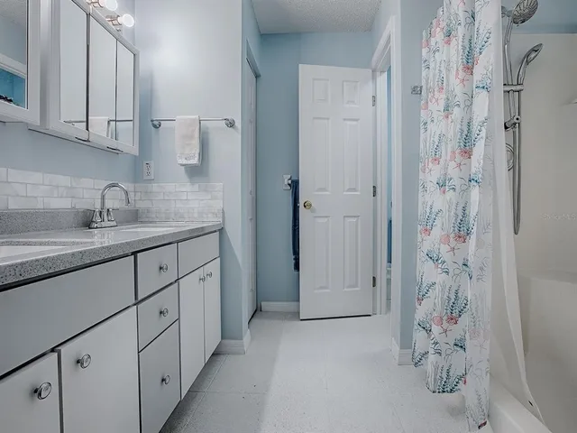a bathroom with a sink and a shower