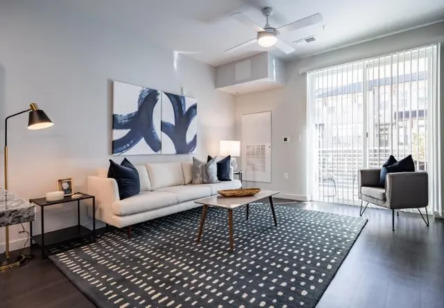 a living room with furniture and a rug