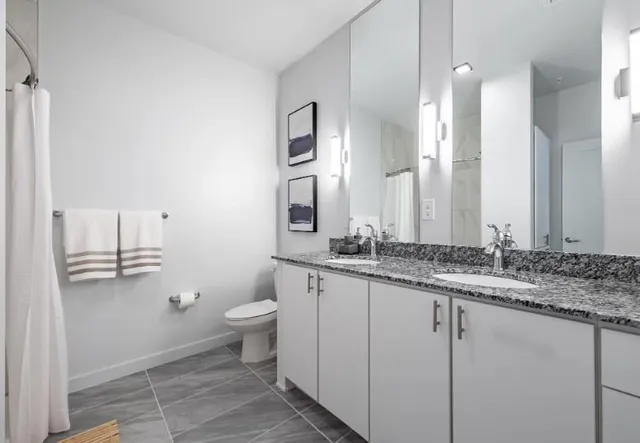 a bathroom with a granite countertop sink a toilet and a mirror