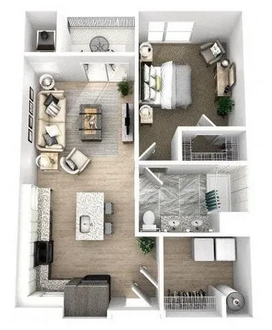 a front view of a building with a garden and plants