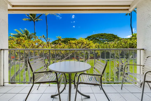 a view of a chairs and table in a backyard