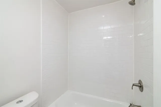 a bathroom with a shower and toilet