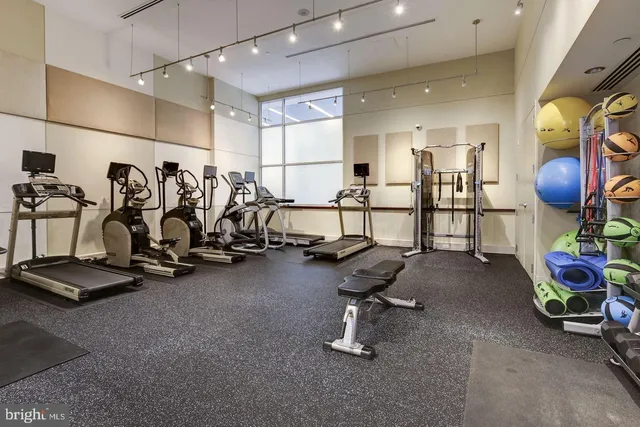 a view of a room with gym equipment