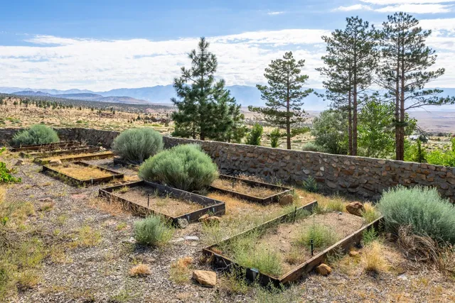 a view of a backyard with lawn chairs