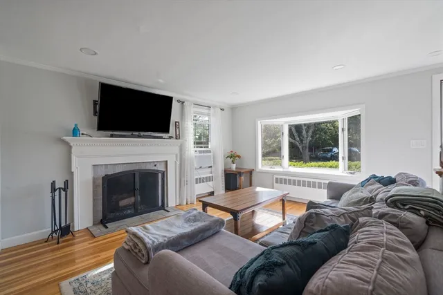 a living room with furniture a fireplace and a flat screen tv