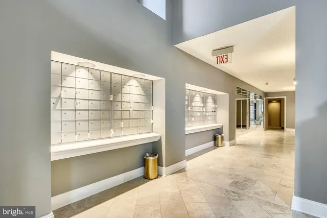 a view of hallway with a large window