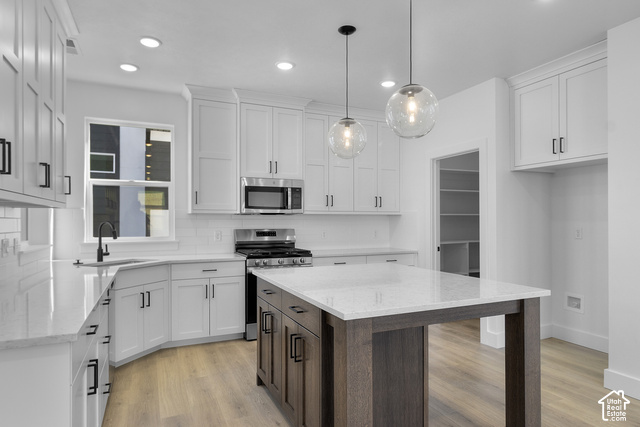 249 West 2920th Street South Logan, UT 84321 - Photo 6 of 23 White shaker cabinetry, stainless steel appliances, wood-finish flooring, recessed lighting, and a kitchen island with a light-toned countertop