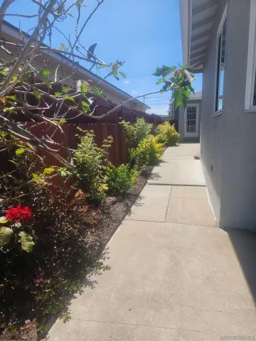 a view of a pathway with a flower in a pots