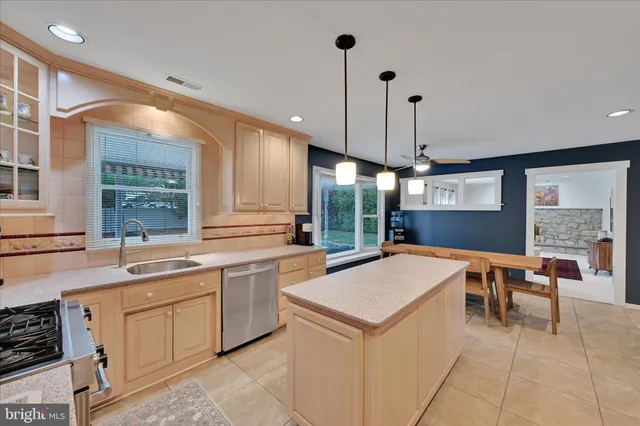a kitchen with a sink a counter top space appliances and cabinets