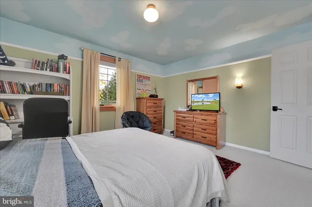 a bedroom with a bed and a desk