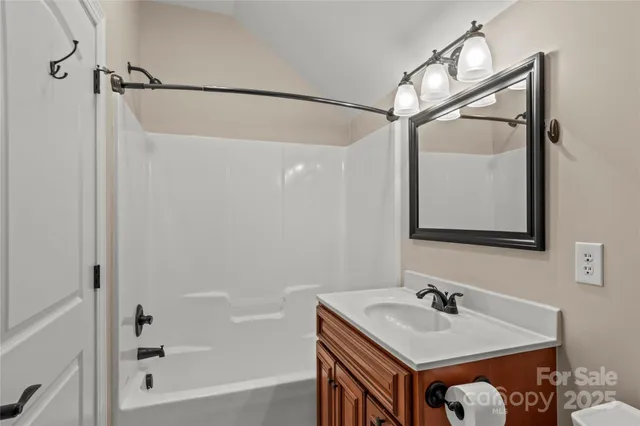 a bathroom with a sink vanity mirror and shower