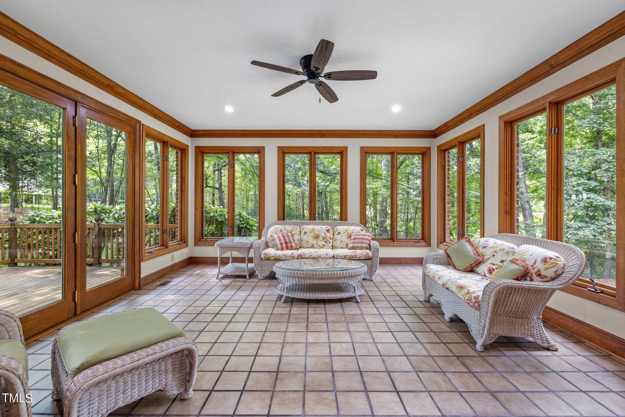 8413 Bournemouth Drive Raleigh, NC 27615 - Photo 61 of 94 a living room with furniture and floor to ceiling windows