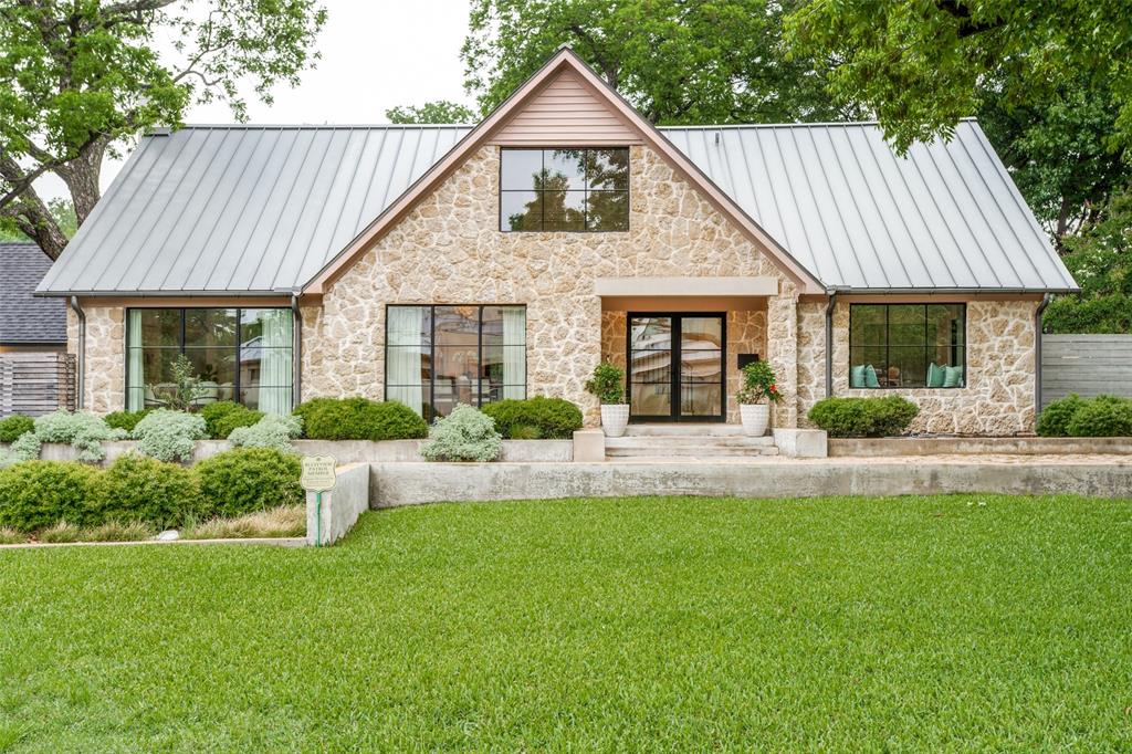 4325 Pomona Road Dallas, TX 75209 - Photo 2 of 23 Stone exterior featuring a metal roof and exposed wood gables