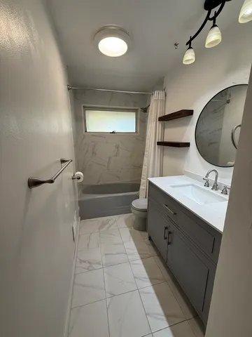 a bathroom with a double vanity sink mirror and toilet