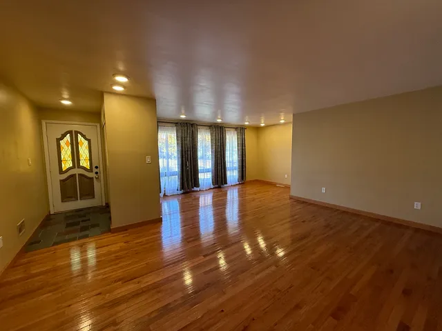 a view of a room with wooden floor and potted plant in a room