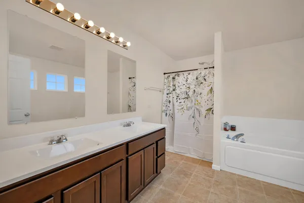 a bathroom with a tub sink double vanity and a mirror