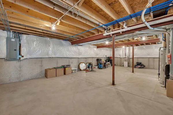 a view of a garage with storage
