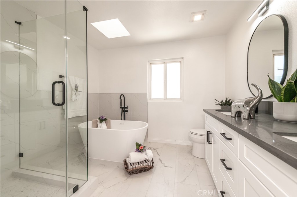 Primary Bath- freestanding bathtub, stall shower (with frameless glass enclosure), sky light