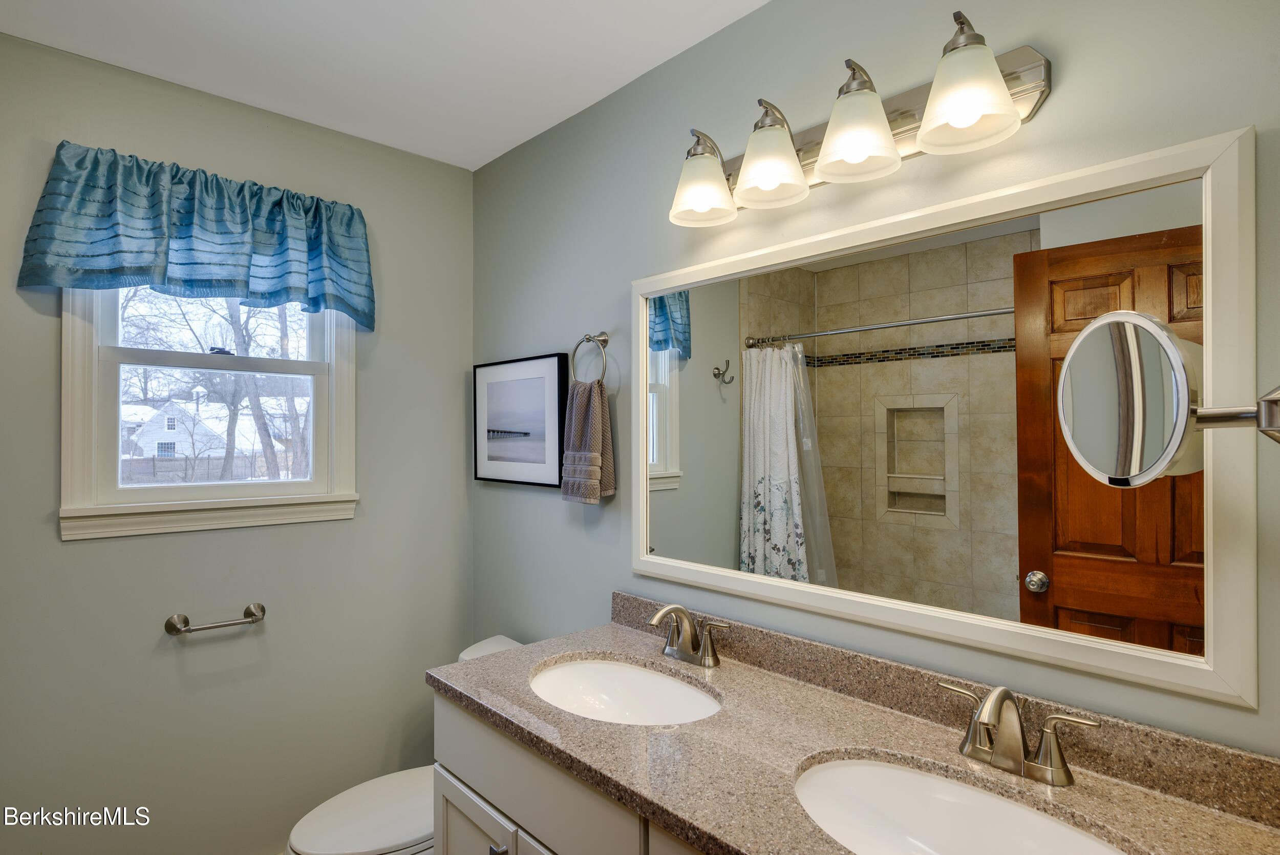 32 Marcella Way Dalton, MA 01226 - Photo 16 of 21 a bathroom with a granite countertop double vanity sink mirror and toilet