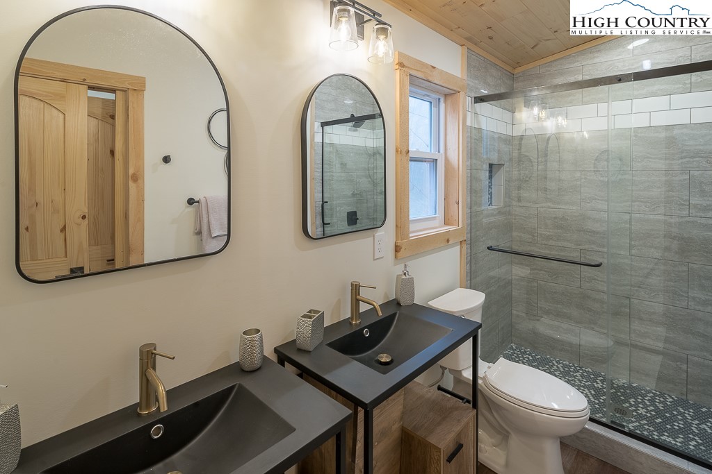 232 Wild Daisy Lane Beech Mountain, NC 28604 - Photo 29 of 49 a bathroom with a sink a toilet and a mirror