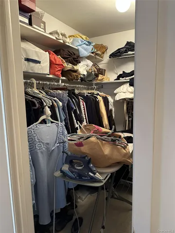 a view of walk in closet with clothes and shoes