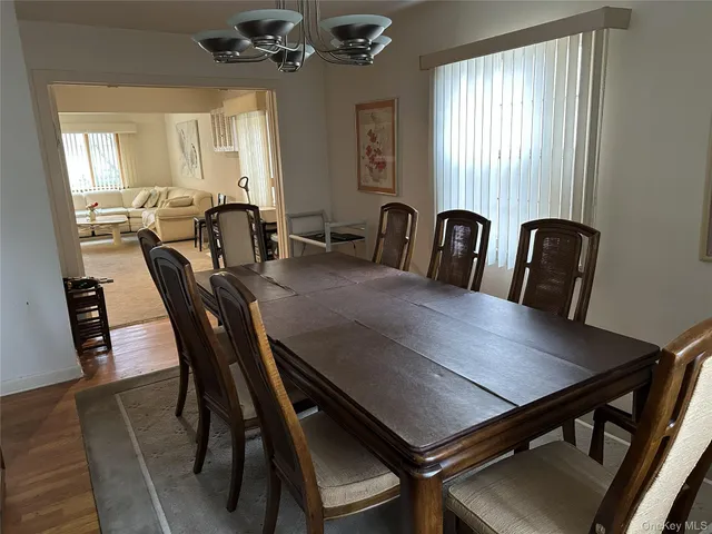 a view of a a dining room with furniture window and wooden floor