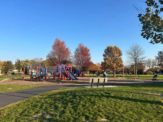 a view of a park with large trees