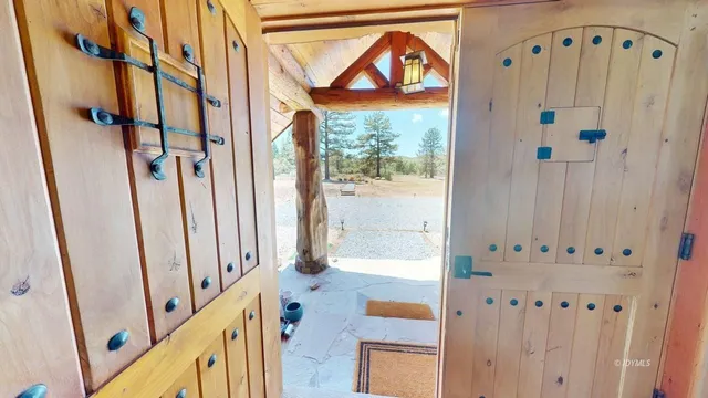 a view of a park with large trees