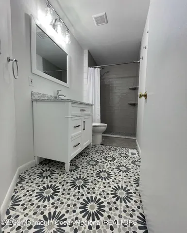a bathroom with a sink a toilet and a shower