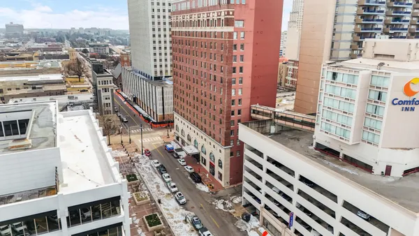 a city view with tall buildings