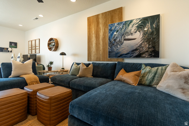 5355 Cyan Lane St. George, UT 84790 - Photo 13 of 39 Recessed ceiling lighting, white wall finishes, and a dark ceiling fan