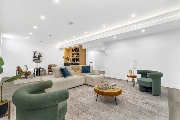 a close view of kitchen countertops with wooden floor