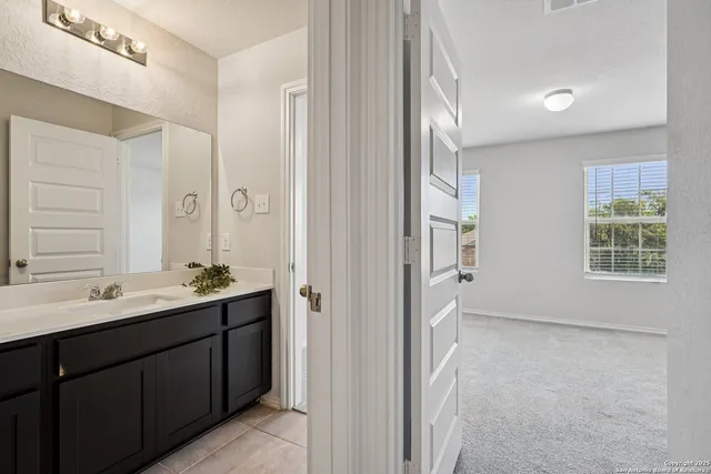 a bathroom with a double vanity sink a mirror and a shower