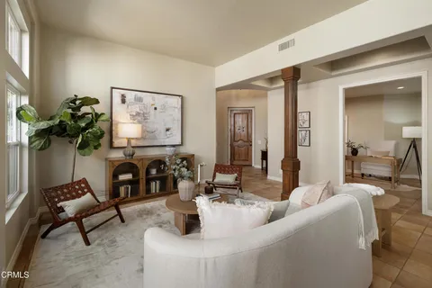 a living room with furniture and a potted plant