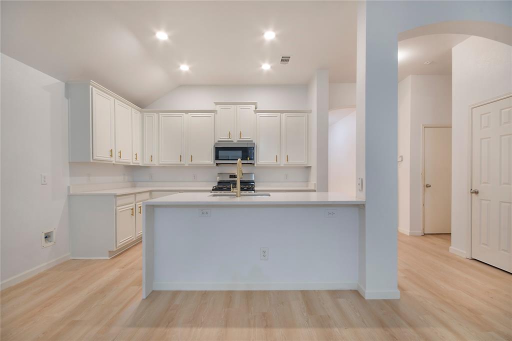 549 Hickory Lane Fate, TX 75087 - Photo 10 of 38 Kitchen featuring white cabinets, light wood-style floors, arched walkways, stainless steel appliances, and lofted ceiling