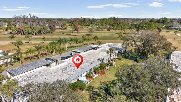 an aerial view of a swimming pool