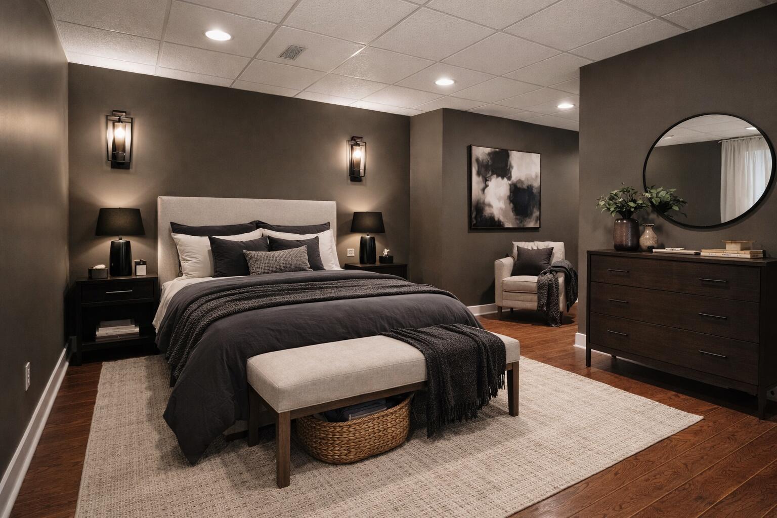 1240 Ryder Road Chesterton, IN 46304 - Photo 65 of 73 a bedroom with a bed a mirror on dresser and a wooden floor