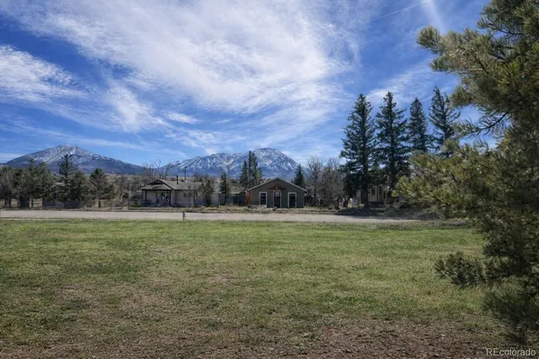a grassy field with trees in the background