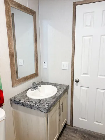 a bathroom with a granite countertop sink and a mirror