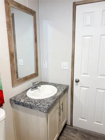 a bathroom with a granite countertop sink and a mirror