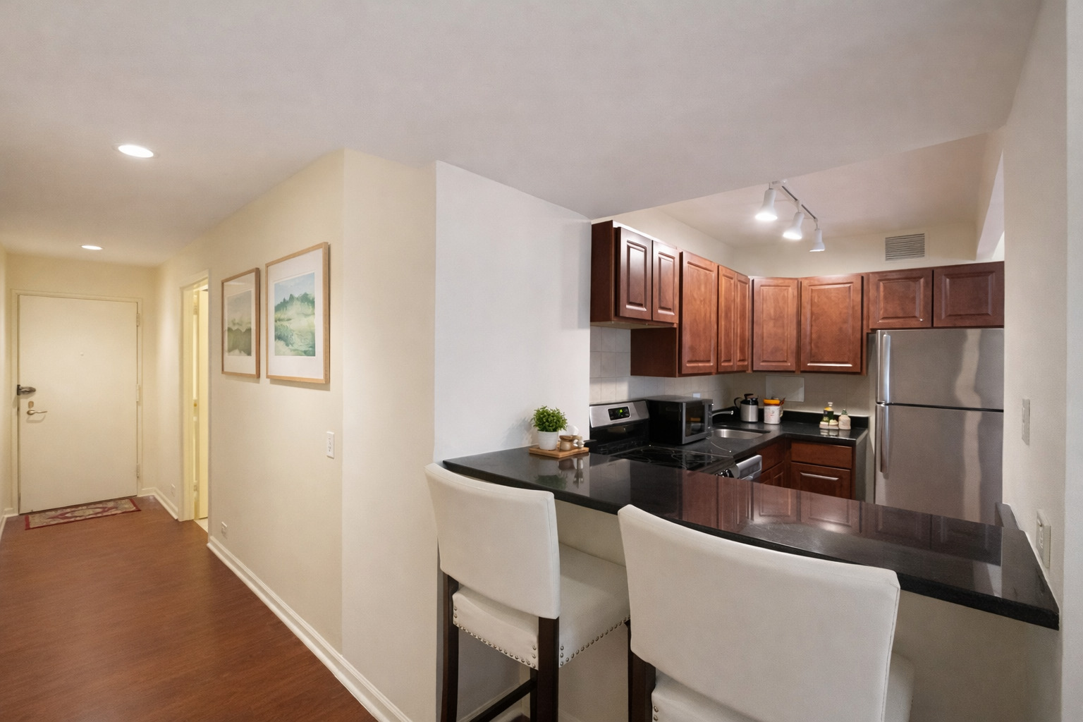 260 East Chestnut Street, Unit 606 Chicago, IL 60611 - Photo 6 of 26 a kitchen with a sink cabinets and refrigerator