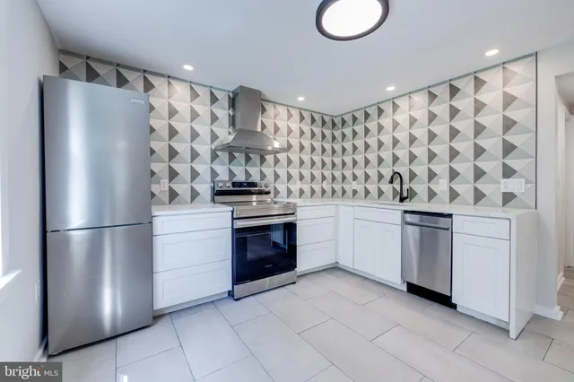 a kitchen with a refrigerator and a stove