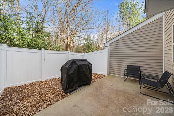 a view of a backyard with a chair and potted plants