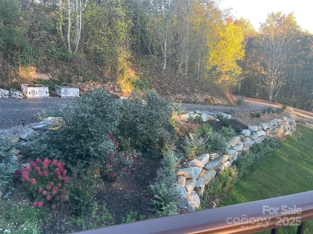 a view of a garden with mountains in the background