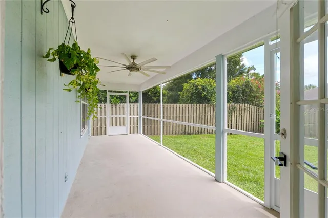 a view of a garden from a porch