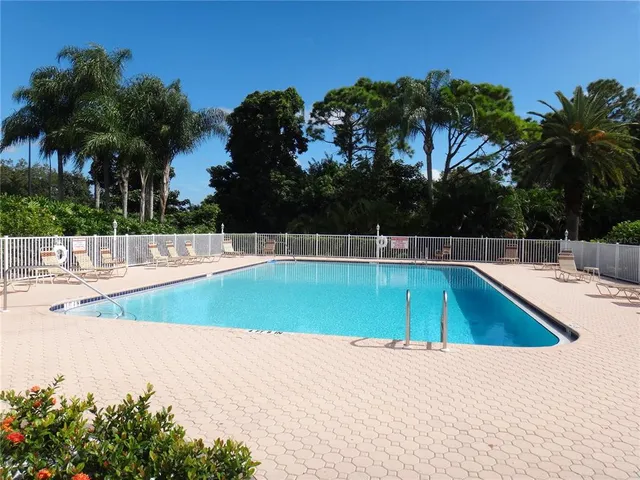 a view of a swimming pool with a lawn chairs under palm trees