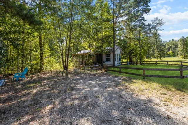 a view of a park with large trees